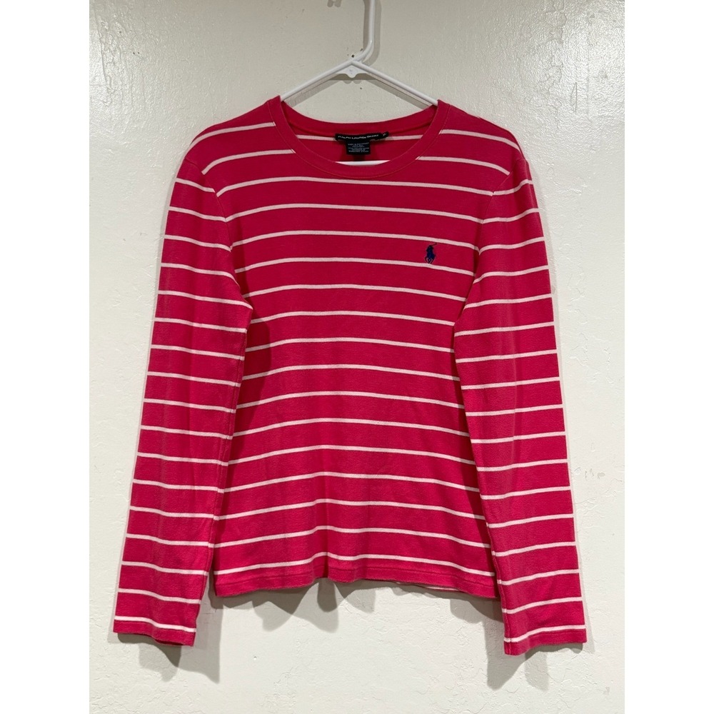 Ralph Lauren Sport Womens XL Pink White Striped Long Sleeve Cotton Tee Shirt - Picture 2 of 7